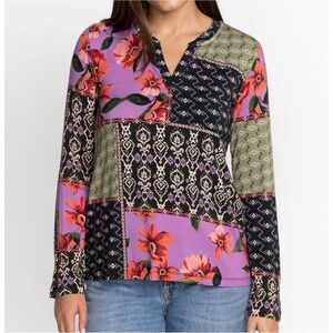 Johnny Was Zanda Split Neck Top Women's M Multi Floral Patchwork Boho Luxe Artsy